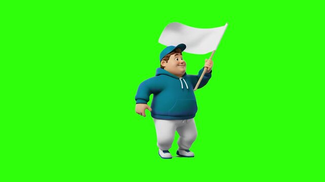 Full body view of a cute, chubby 3D cartoon boy in a blue hoodie and cap running or standing while waving a blank white flag against a solid green screen backdrop. Perfect for sports fans, country fla