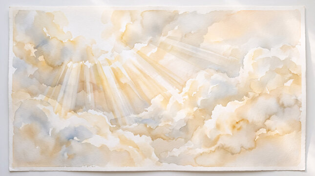 Heavenly sun rays through clouds watercolor background