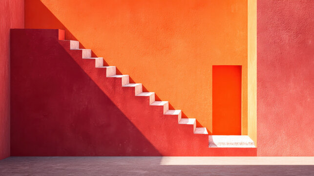 Minimalist terracotta wall with white stairs and mineral orange door creates aesthetic geometric architectural scene with