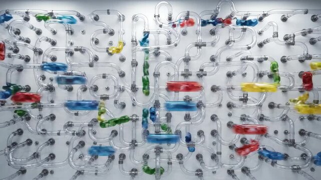 Plastic tubes shooting caps in motion through transparent pipe maze with colorful dynamic flow creating intricate network pathways and energy