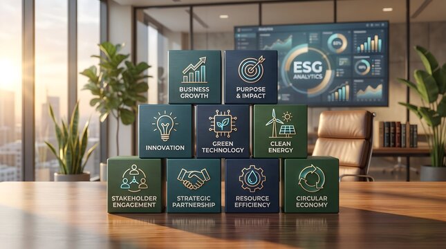 ESG analytics dashboard with sustainable business strategy blocks representing green technology circular economy and resource efficiency