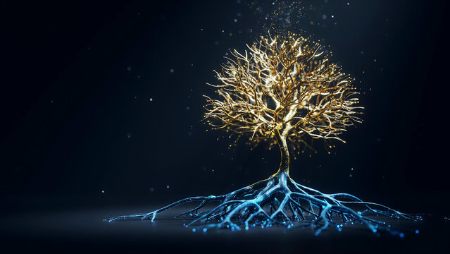 Digital tree, abstract data root system and golden leaves, concept of growth and innovation in technology and nature.