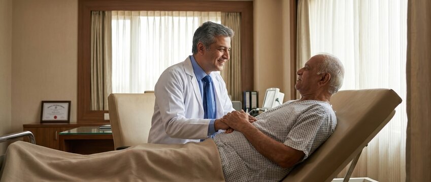 Indian doctor talking with old patient elderly