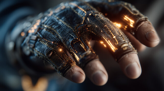 Human hand with cybernetic interface showing glowing circuitry and digital technology