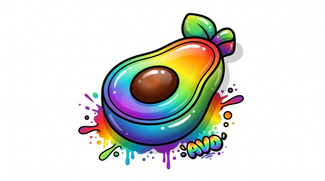 Rainbow glossy avocado half with a brown pit, bold outline, paint splatters, and "AVO" text. Vibrant, playful, and dripping with color.