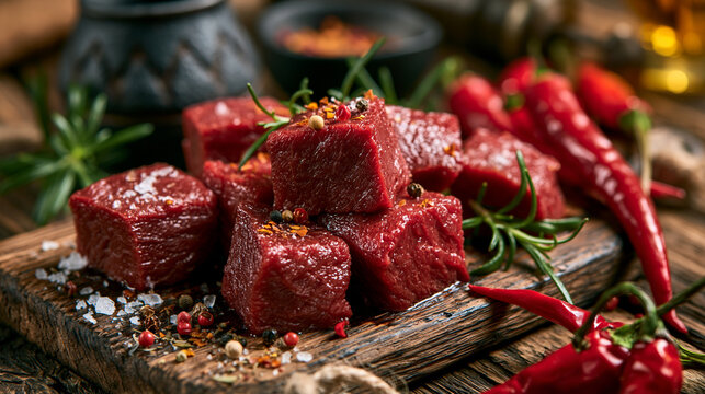 Raw beef cubes seasoned with sea salt and rosemary on a wooden board seasoning rosemary