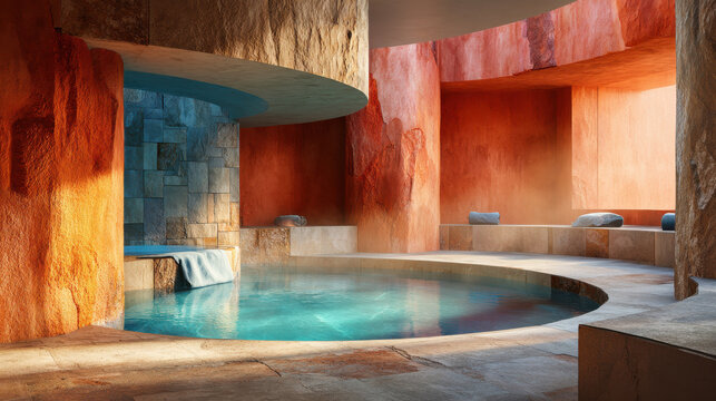 Indoor terracotta pool with mineral water and aesthetic natural stone walls creating warm inviting atmosphere