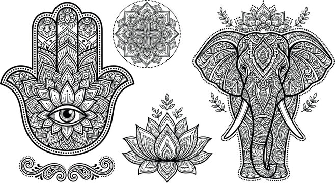 Ornamental Indian Mystic Symbols Set with Hamsa Hand Lotus Mandala and Decorated Elephant Vector