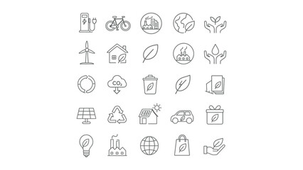 Fototapeta premium Comprehensive collection of ecofriendly line icons representing sustainable energy environmental protection and green technology solutions for a cleaner future
