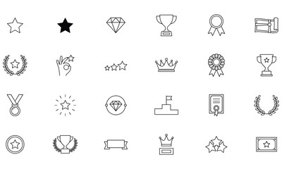 Fototapeta premium Collection of black and white line representing success, achievement, awards, trophies, medals, and star ratings symbols