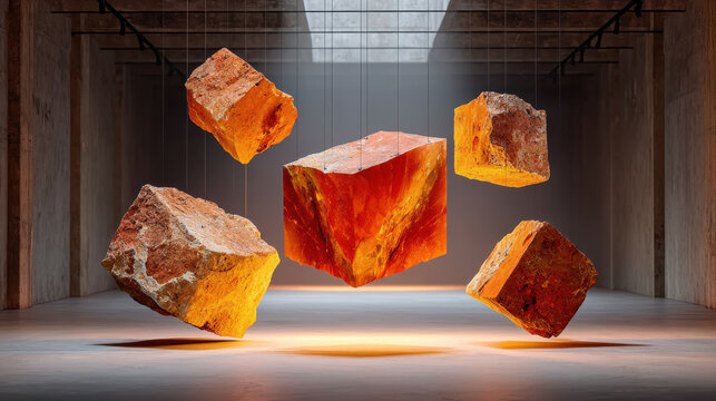 Floating terracotta mineral cubes create aesthetic glowing art installation in spacious modern gallery room