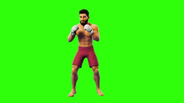 An energetic 3D animated character asset showing a muscular boxer in red shorts and white gloves shifting weight and practicing tactical footwork drills. Positioned against a clean green screen backgr