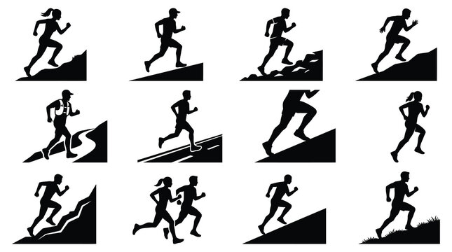 Running silhouettes on hills, various poses