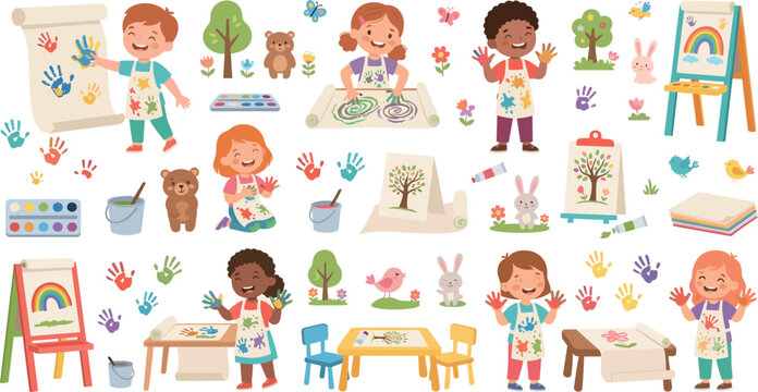 Cute Kindergarten Children Finger Painting Vector Character Set with Kids Crafting, Easels, Handprints, Art Class Activities, and Preschool Education Graphics