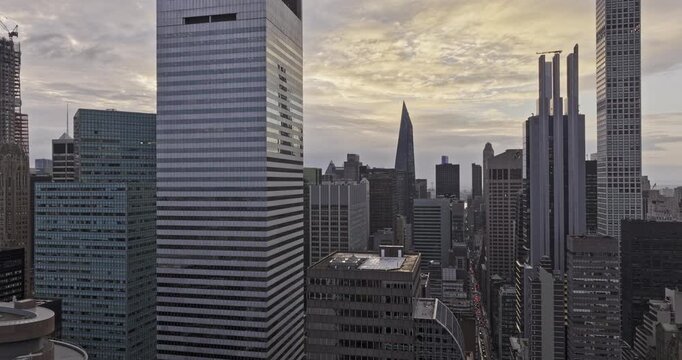 NYC New York Aerial v336 low drone flyover Midtown Manhattan capturing densely populated skyscrapers cityscape views against overcast sky - Shot with Mavic 3 Pro Cine - September 2023