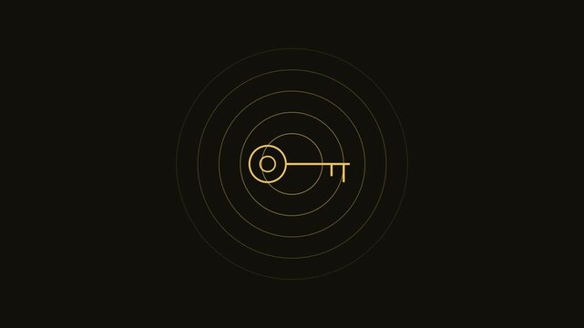 Minimalist golden key animation with expanding concentric circles on dark 4k background