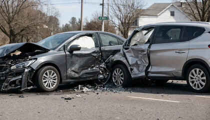Naklejka premium Two cars heavily damaged in t-bone side impact collision on city street