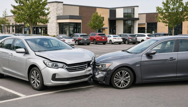 Two cars crashed in minor fender bender accident on supermarket parking lot