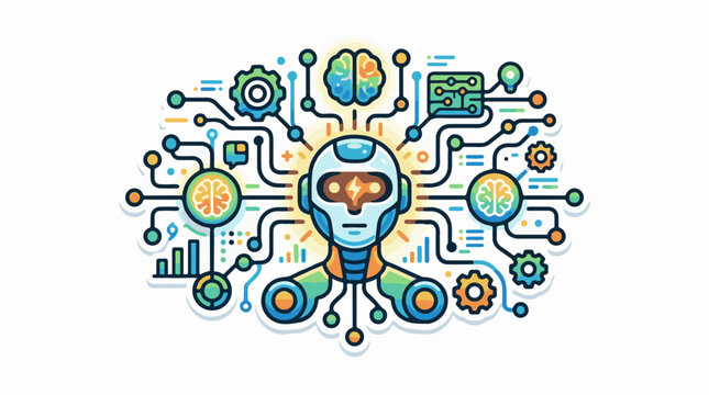 Stylized robot head connected to brains and circuits