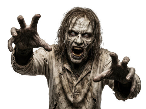 Scary zombie reaching out with hands isolated on transparent background