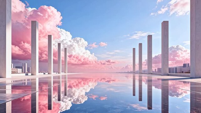 Modern columns and reflective water under pink clouds