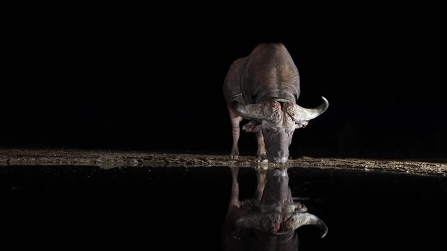 African buffalo drinks water at night with reflection in dark pool footage.
