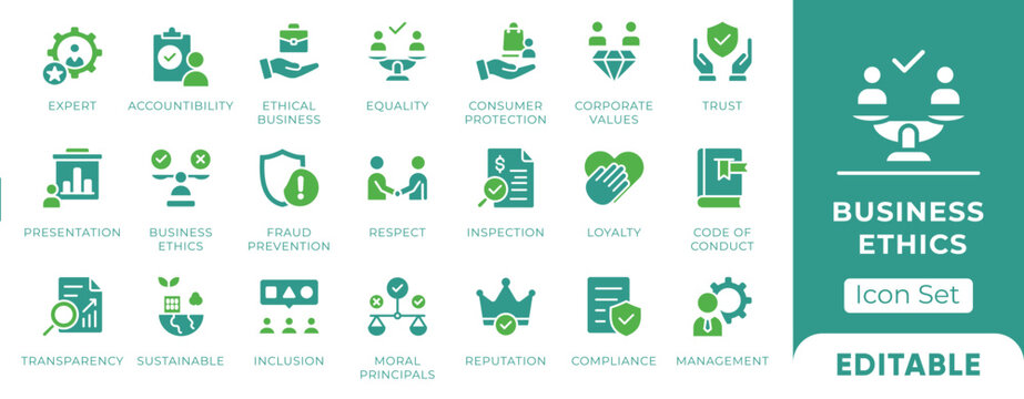 Business ethics solid icons set. Elements for corporate values, moral principles, and compliance. Editable web icons trust, equality, accountability, and transparency. Vector illustration.