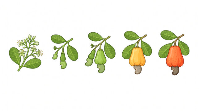 Cashew fruit growth stages vector graphic showing cashew nut development from flower blooming to ripe red fruit