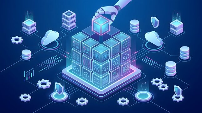 Robotic arm placing glowing microchip data cube into a digital architecture representing automated software development and cloud integration