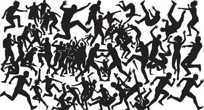 Dynamic crowd silhouettes jumping and running against a bright white background during a celebration