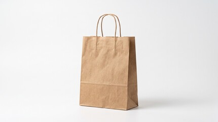 Empty brown paper shopping bag standing upright on plain white background minimalist vector illustration © Alfik A