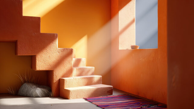 Terracotta stairs with mineral light beams create aesthetic warm interior space with textured walls and colorful rug