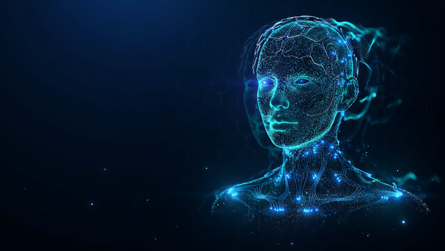 Digital human head, artificial intelligence concept, futuristic technology, cybernetic brain with glowing connections.