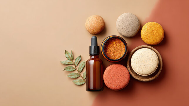 Natural terracotta mineral powder and serum bottle with aesthetic dried leaf on beige background