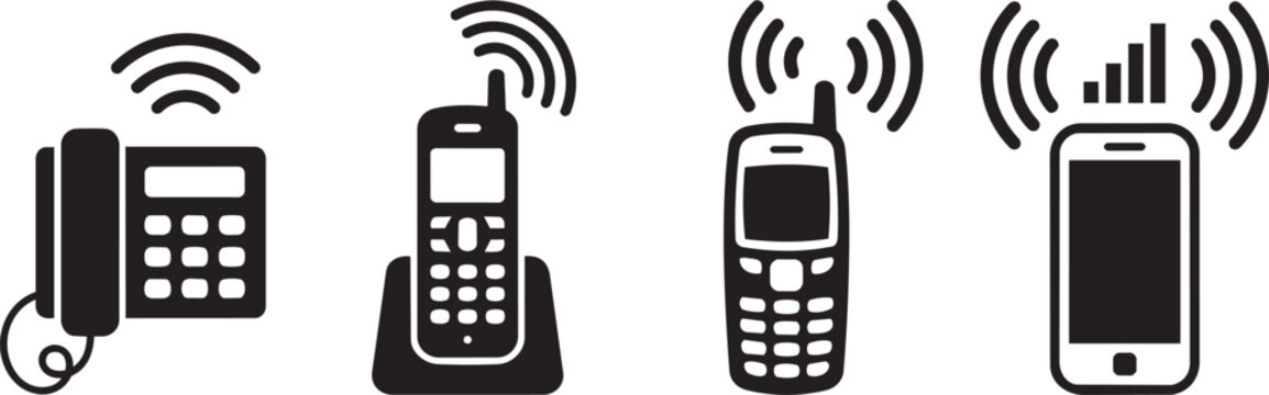 Four telephones evolving from landline to smartphone with signal waves