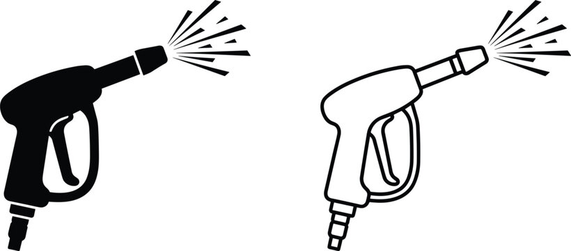 Pressure Washer Spray Gun Icon Set Featuring Solid Silhouette and Outline Versions with Water Jet Stream for Car Wash and Cleaning Vector Illustration