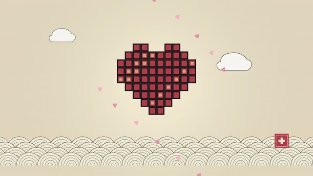 Animated pixel art heart shape floating with small hearts and clouds