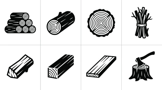 Wood Logs and Forestry Icon Set Featuring Lumber Timber Tree Rings Firewood Twigs Planks and Axe on Stump for Carpentry Vector Illustration