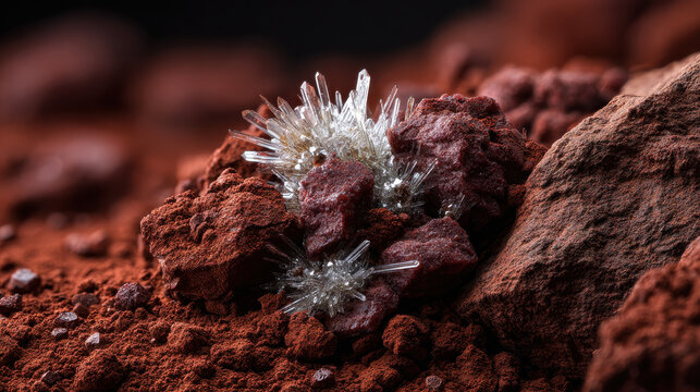 Crystal mineral formation on terracotta colored rock surface with aesthetic natural texture