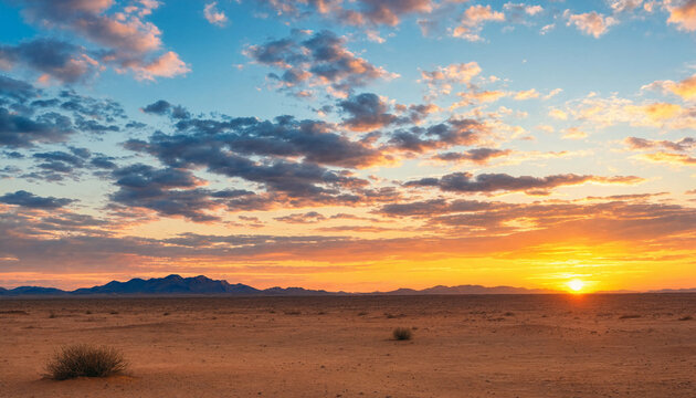 sunset over desert landscape with mountains and cloudy sky