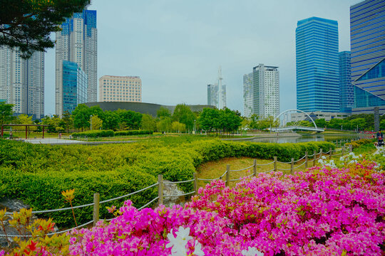 Songdo, Incheon, South Korea; 05 04 2025: The beautiful landscape of Central park of Songdo island International Business District (Songdo IBD) in South Korea. It is connected to Incheon International