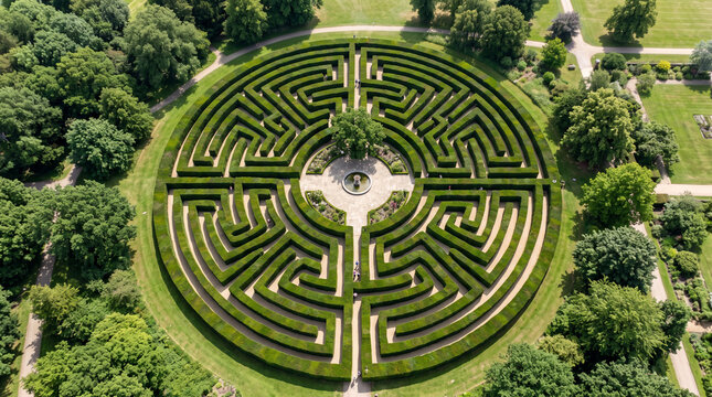 Aerial view of a beautiful circular hedge maze in a lush green park, featuring a central fountain and tree, perfect for travel and garden design concepts