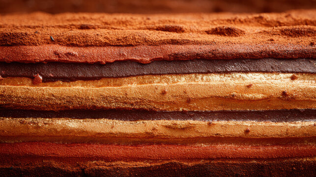 Chocolate terracotta layered dessert with mineral like texture and aesthetic golden shimmer on surface