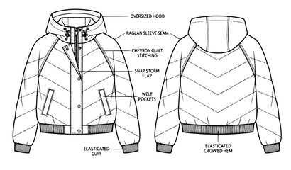 Unisex Chevron Quilted Hooded Down Jacket Technical Fashion Flat Sketch Vector © mstRehena