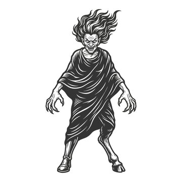 Wild satyr Pan figure with goat legs engraving.