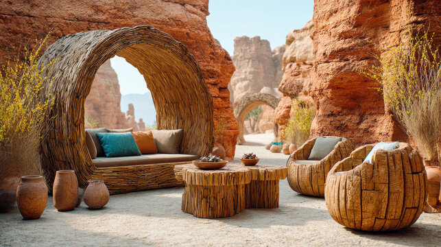 Rustic terracotta outdoor seating with mineral textures creates aesthetic natural retreat surrounded by rocky landscape
