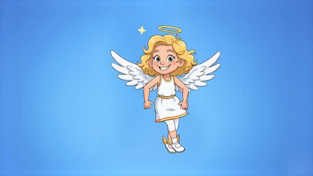 A cute 2D cartoon girl character styled as a heavenly angel with white wings and a glowing halo isolated on a solid blue background. Ideal for holiday promos, Christmas themes, children animation, spi