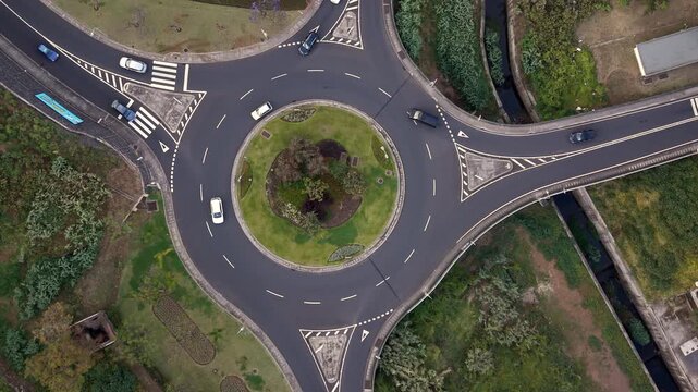 Aerial view of traffic on a roundabout in Funchal, Madeira island, Portugal. 