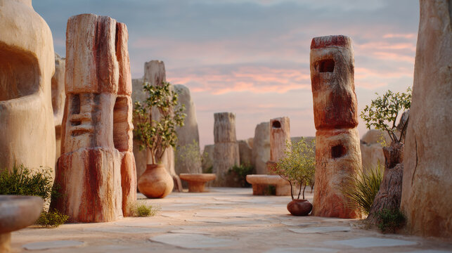 Ancient terracotta mineral statues create aesthetic outdoor scene with natural plants and warm sunset sky background