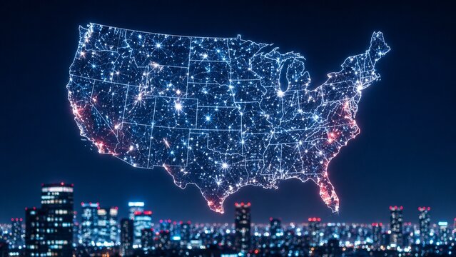 Glowing USA constellation map above generic city lights at night